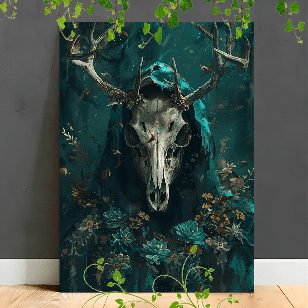 

1pc Wooden Canvas Painting, Artwork Very Suitable For Office Room Decoration Deer , Antlers, Dark Cloak, Plants, Mystical, Teal Tones