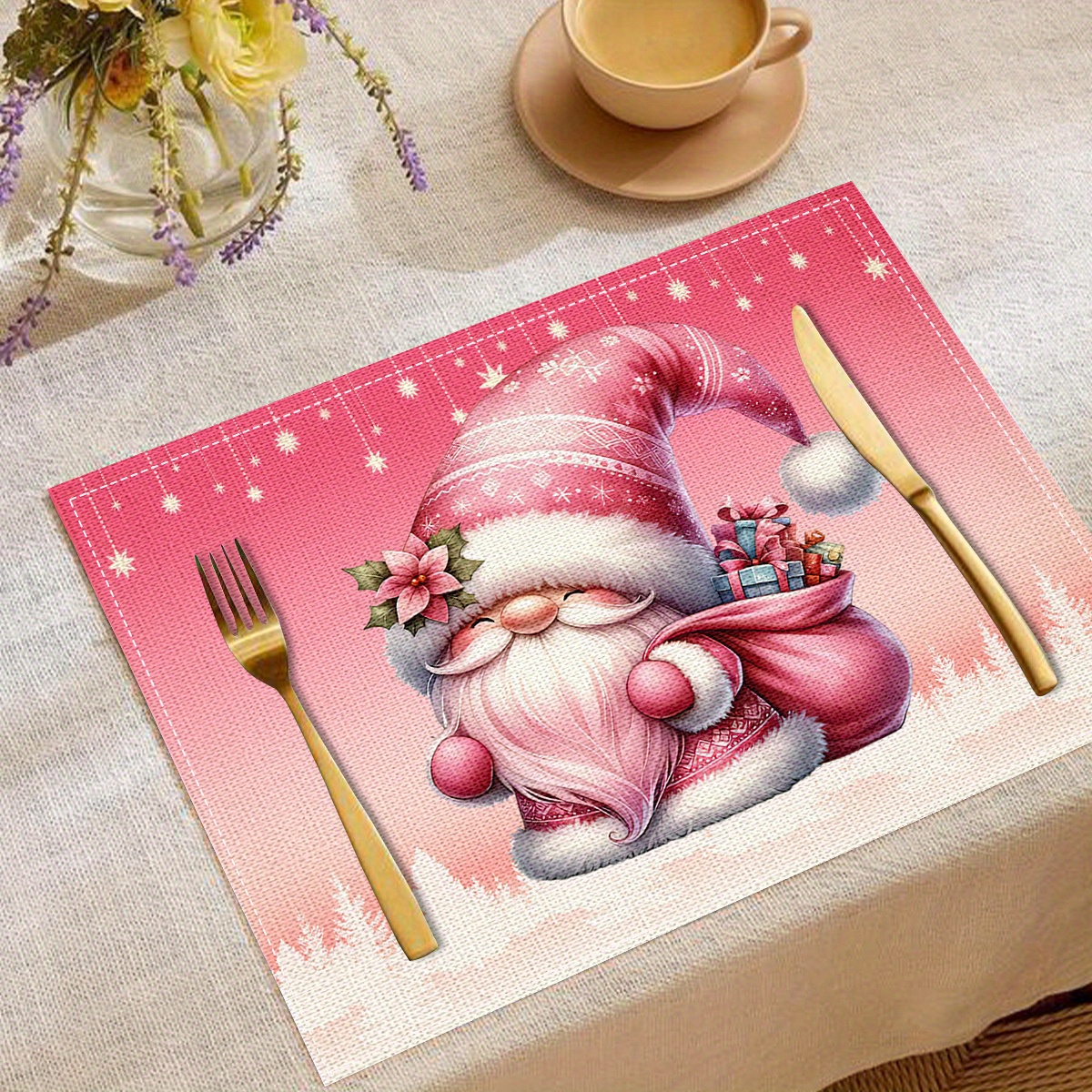 

Christmas Pink Santa Claus Placemats Set Of 4 - 100% Linen Woven Table Mats For Dining, Party Decor, Washable Printed Linen Placemats 16.54 X 12.6 Inches For Holiday Table Settings