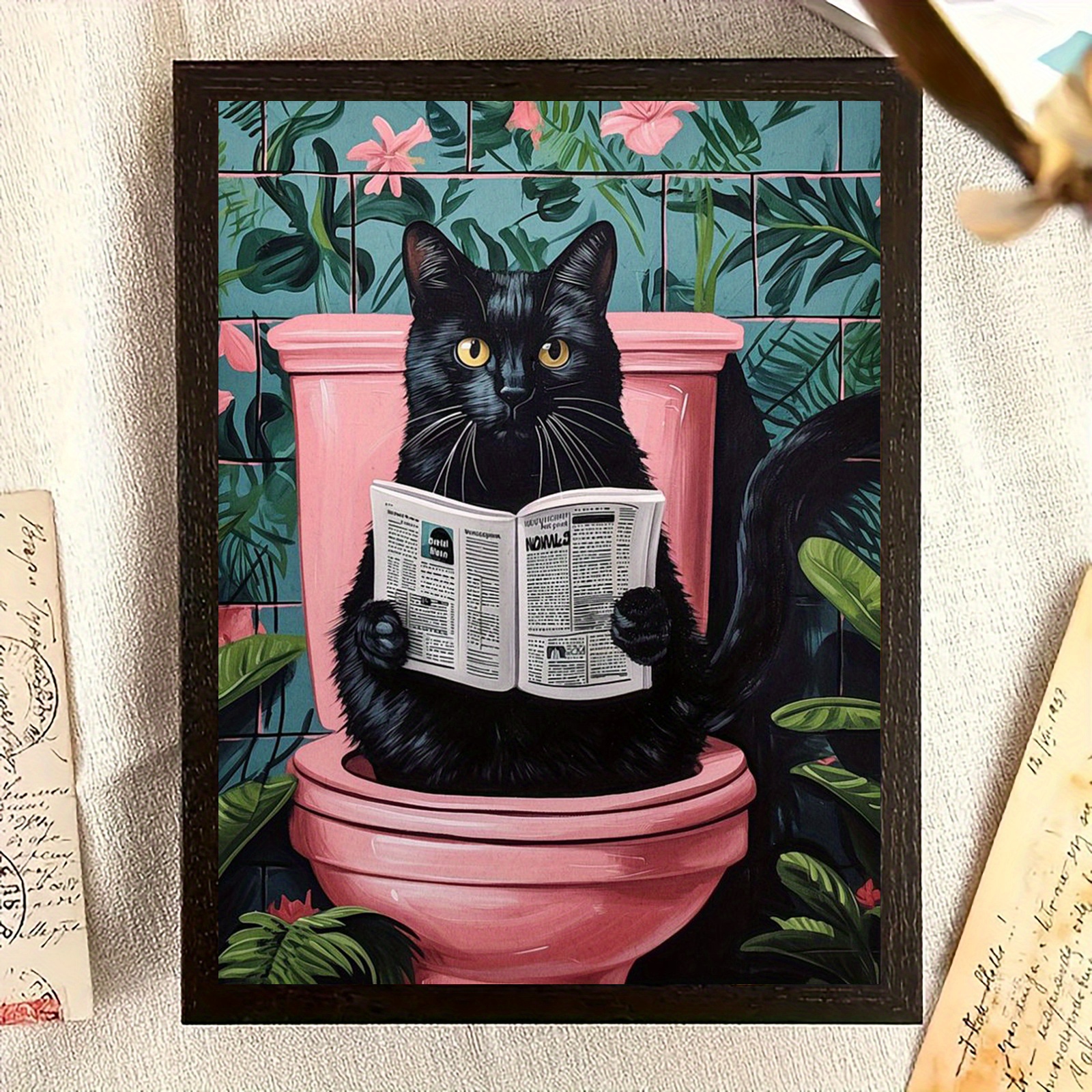 

Whimsical Cat On Toilet Canvas Art, 12x16" - Frameless Wall Decor For Home, Office, Cafe | Perfect For Bedroom, Living Room, Kitchen