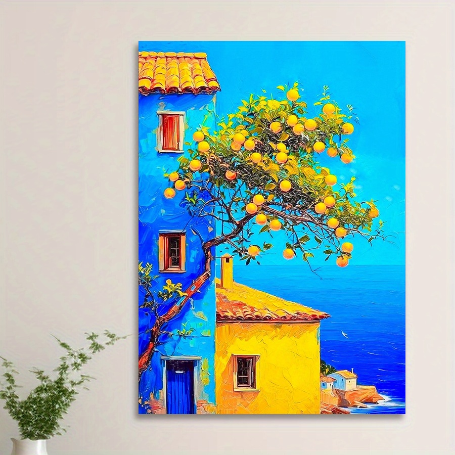 

Canvas Print Wall Art - Vibrant Mediterranean Landscape With Yellow House And Fruit Tree | Nautical Coastal Decor For Living Room, Bedroom, Kitchen | Unique Home Wall Decor Gift Idea - 1 Piece