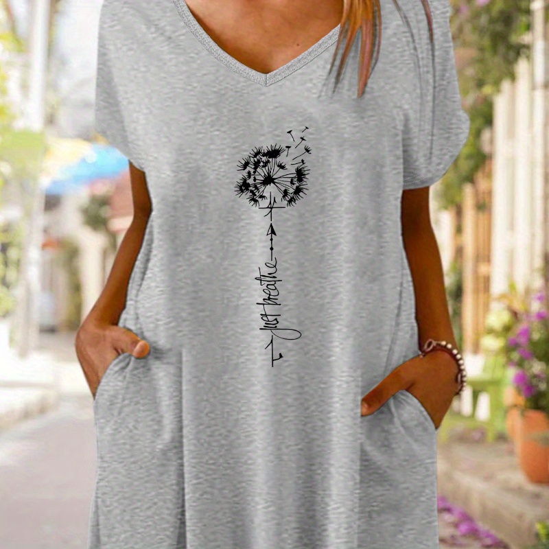 

Dandelion Print V Neck Dress, Casual Short Sleeve Dress For Spring & Summer, Women's Clothing
