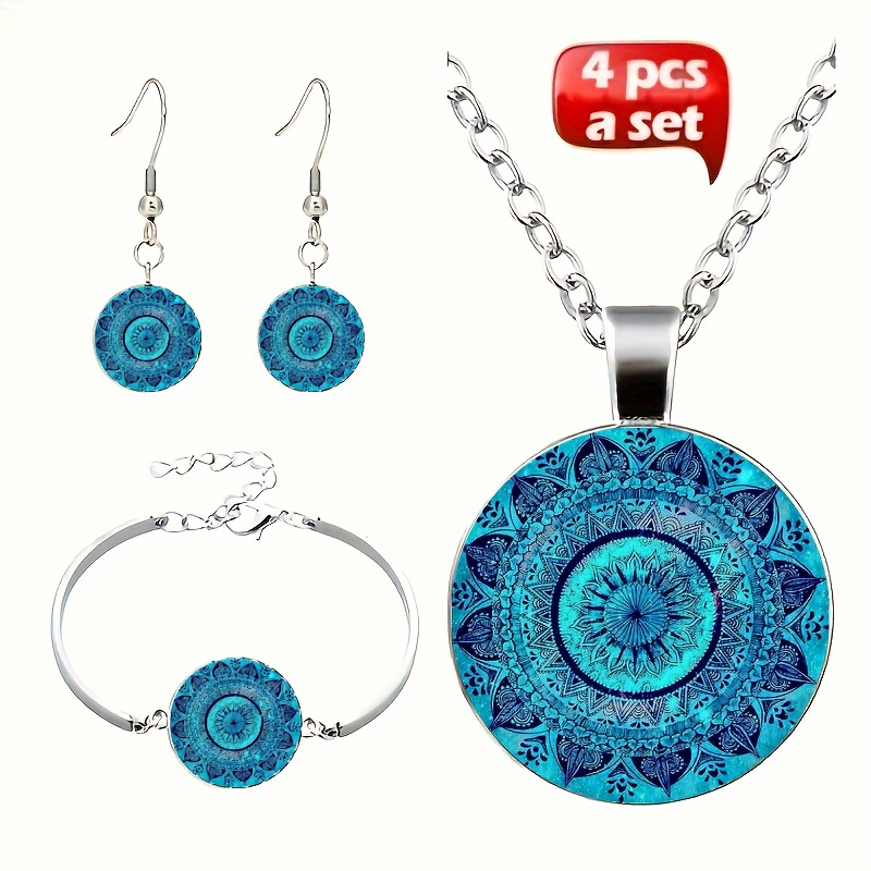 

4pcs/set Mandala Flower Pendant Necklace & Bracelet & Earrings Jewelry Set, Creative Accessories For Men