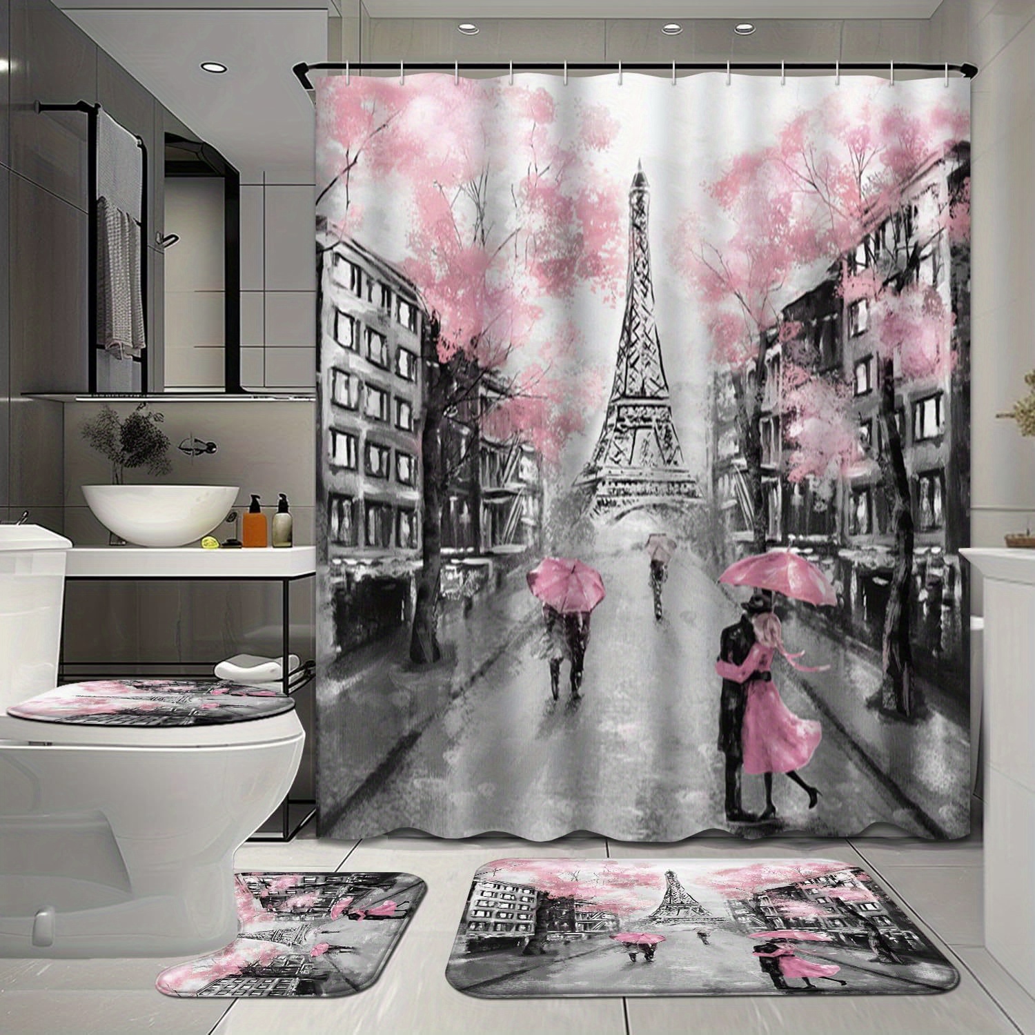 

4 Pcs Shower Curtain Rugs, European City Bathroom Shower Curtain And Rugs, Bathroom Decor