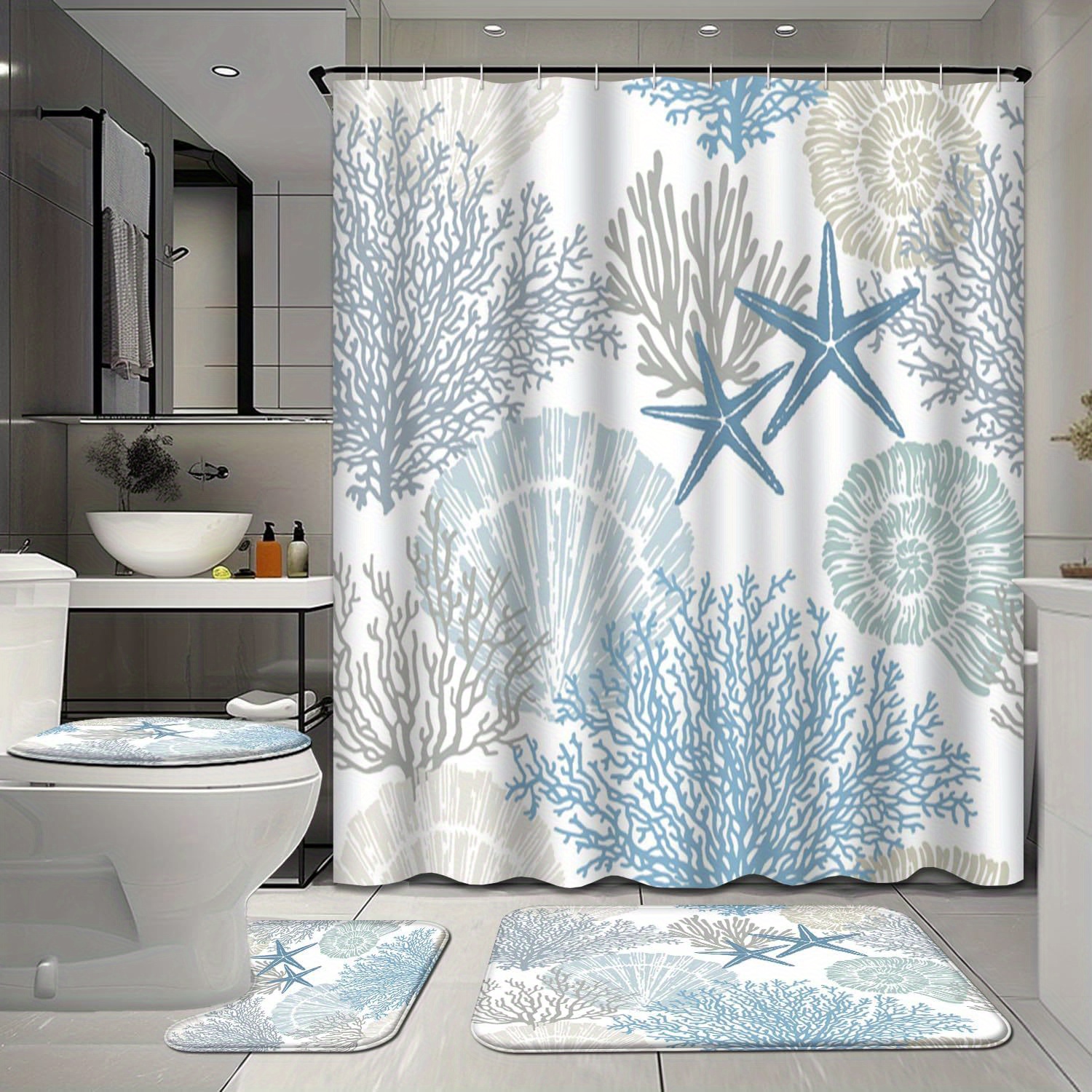 

Blue 4 Pcs Shower Curtain Sets With Rugs, Marine Bathroom Sets With Shower Curtain And Rugs, Shells Starfish Bathroom Decor