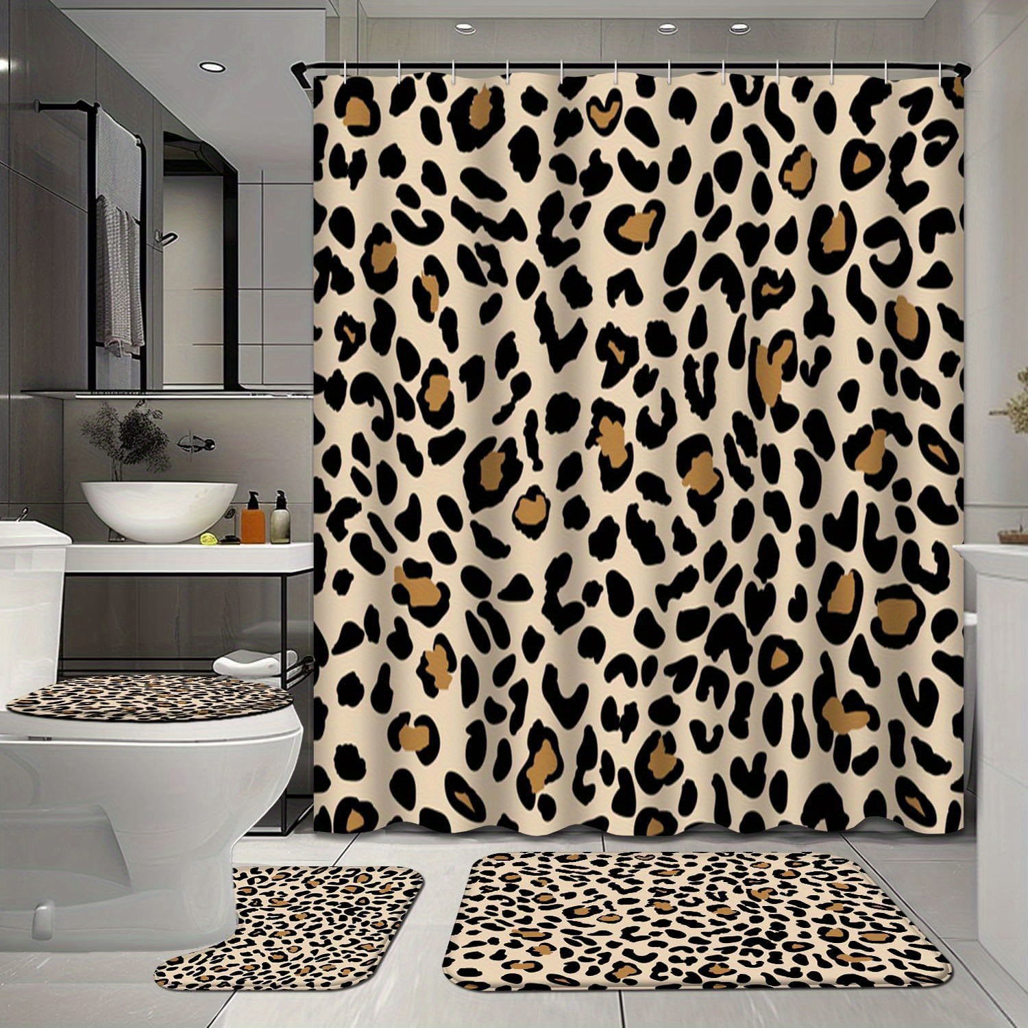 

4 Pcs Leopard Bathroom Shower Curtain Sets With Rugs, Black Gray Bathroom Sets With Shower Curtain And Rugs, Bathroom Decor Sets With Mats And Towels