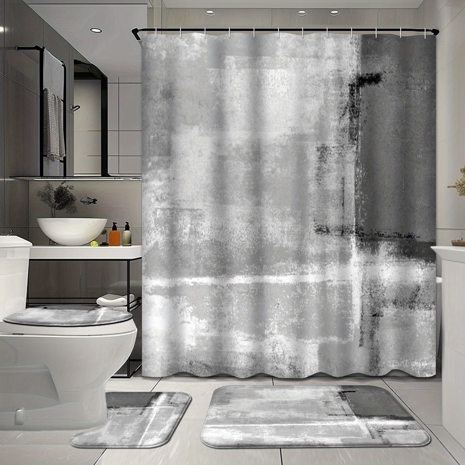 

4 Pcs Grey White Bathroom Shower Curtain Sets With Rugs, Abstract Art Bathroom Sets With Shower Curtain And Rugs, Modern Bathroom Decor Sets With Mats And Towels