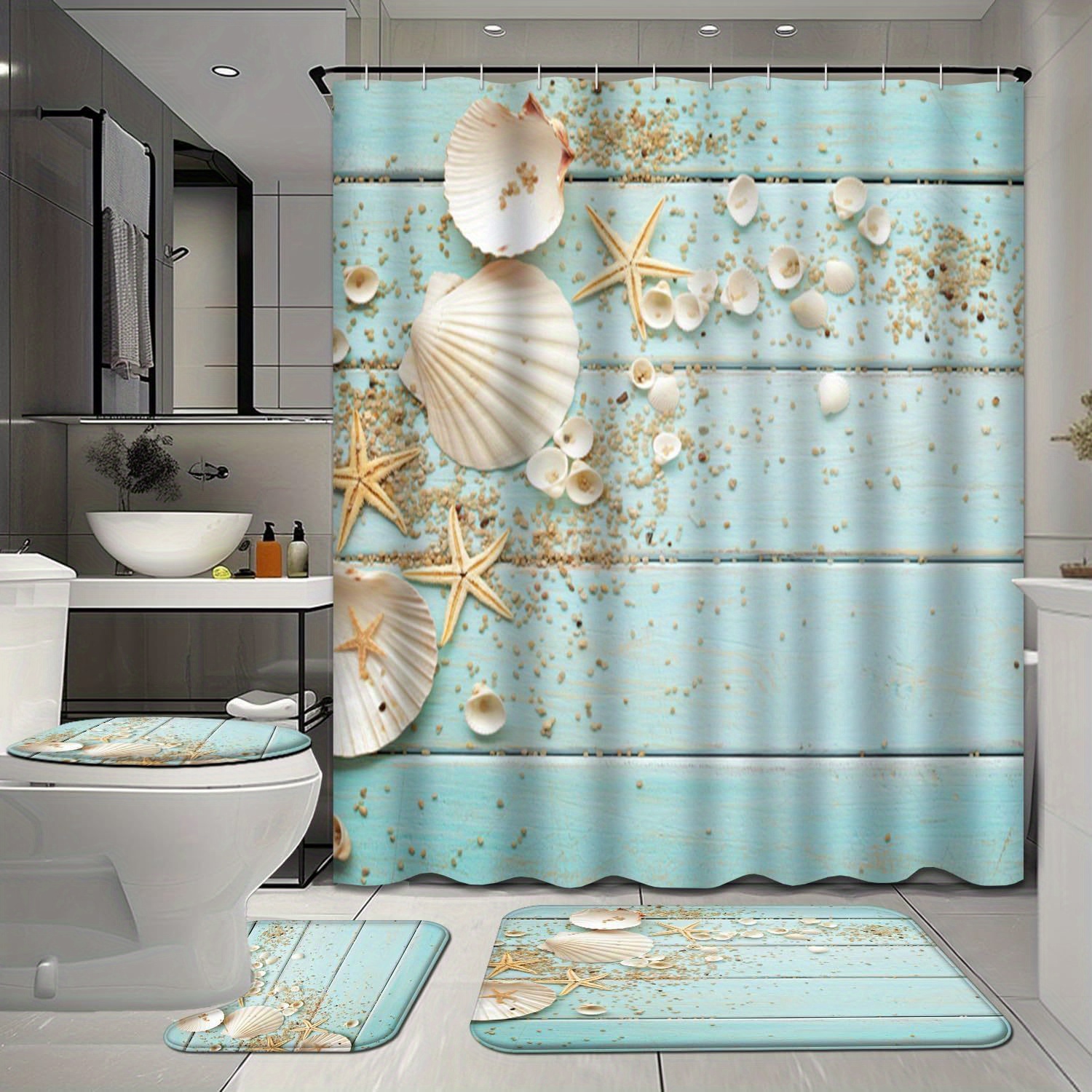 

4 Pcs Seashells Bathroom Shower Curtain Sets With Rugs, Blue Wooden Bathroom Sets With Shower Curtain And Rugs, Summer Starfish Bathroom Decor Sets With Mats And Towels