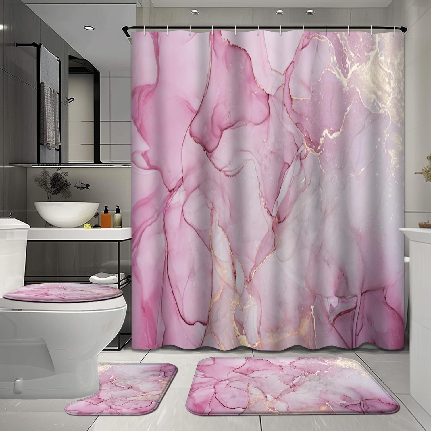 

4 Pcs Pink Bathroom Shower Curtain Sets With Rugs, Marble Bathroom Sets With Shower Curtain And Rugs, Colorful Bathroom Decor Sets With Mats And Towels