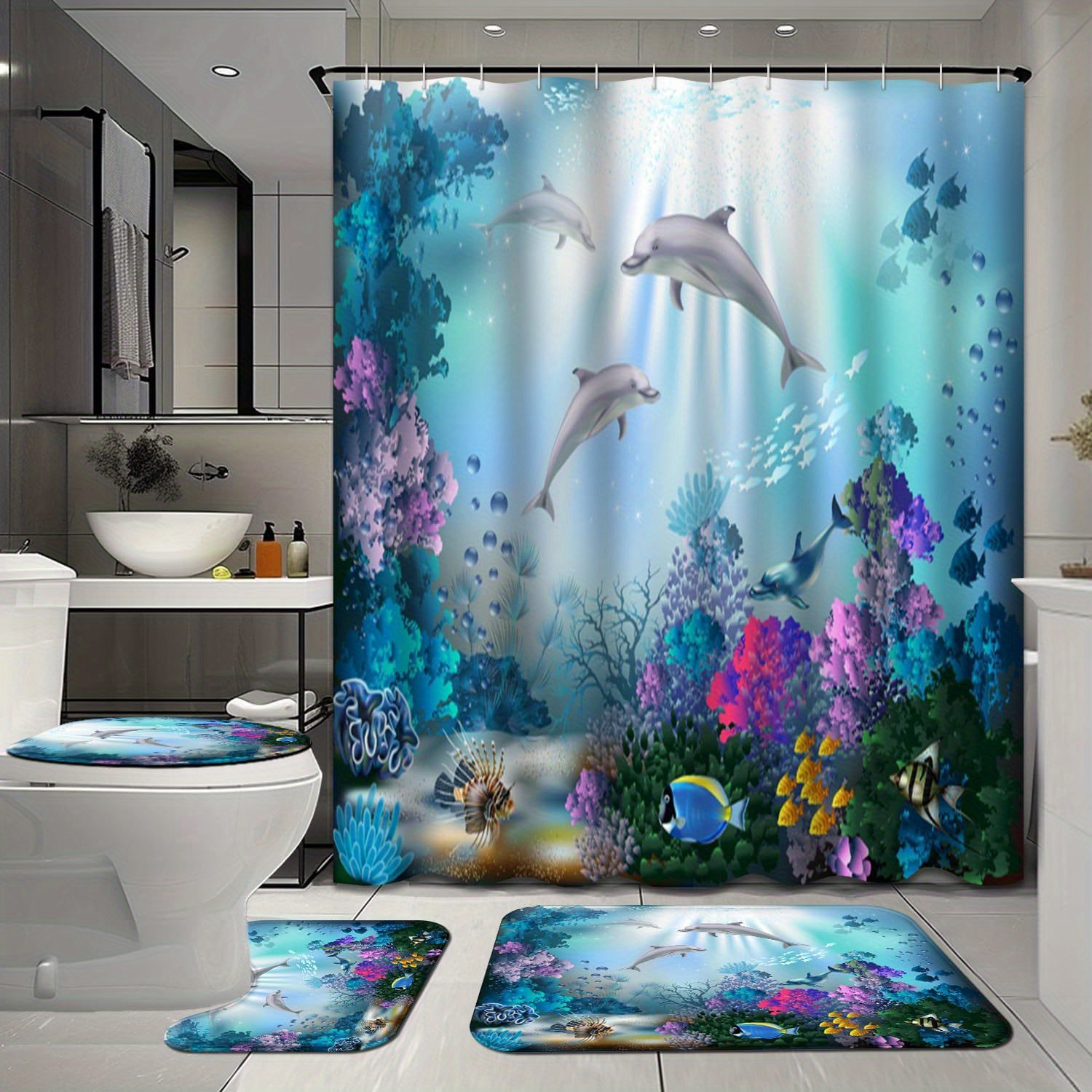 

4 Pcs Underwater World Bathroom Shower Curtain Sets With Rugs, Fish Ocean Bathroom Sets With Shower Curtain And Rugs, Blue Green Plant Bathroom Decor Sets With Mats And Towels