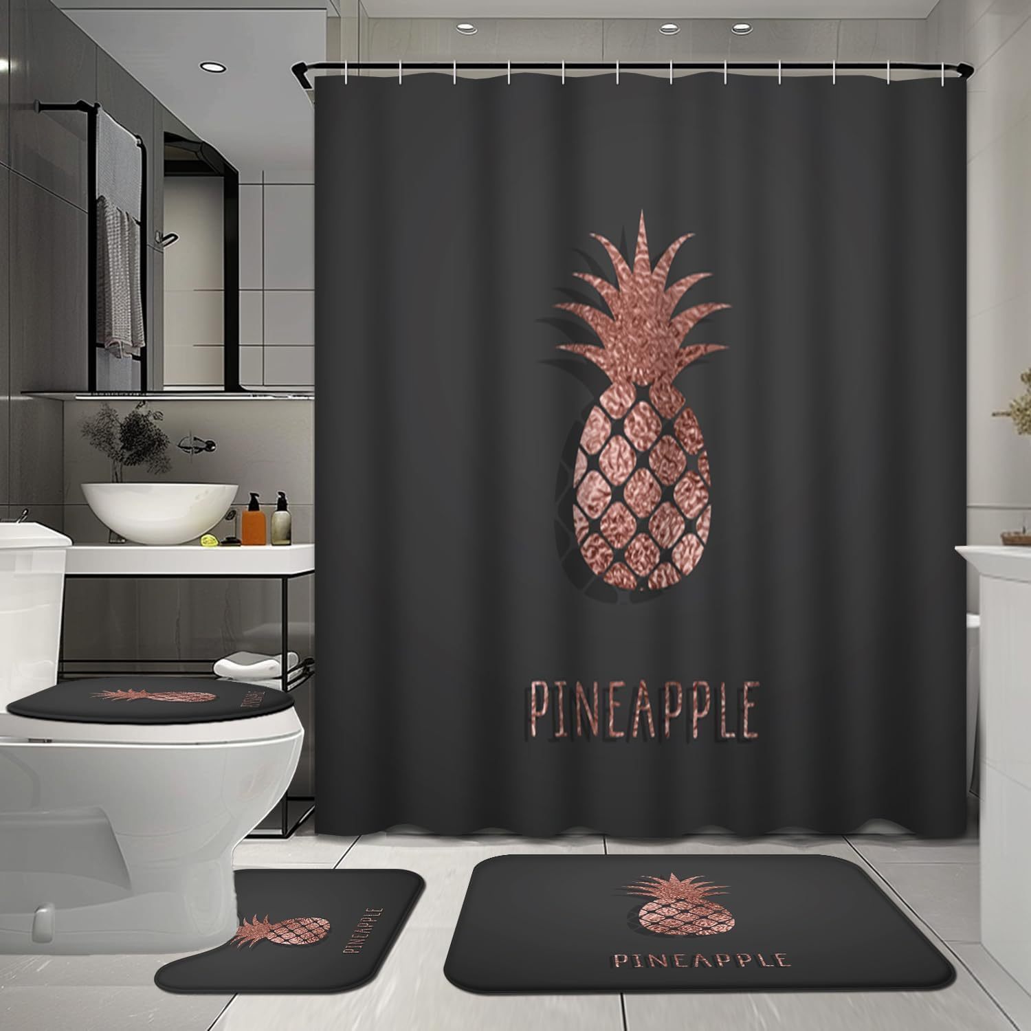 

4 Pcs Rose Golden Bathroom Shower Curtain Sets With Rugs, Pineapple Tropical Bathroom Sets With Shower Curtain And Rugs, Bathroom Decor Sets With Mats And Towels