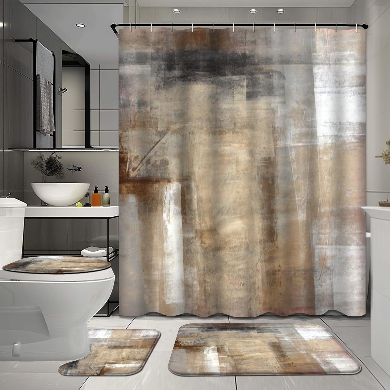 

4 Pcs Brown And Beige Bathroom Shower Curtain Sets With Rugs, Modern Bathroom Sets With Shower Curtain And Rugs, Grey Brown Black Bathroom Decor Sets With Mats And Towels