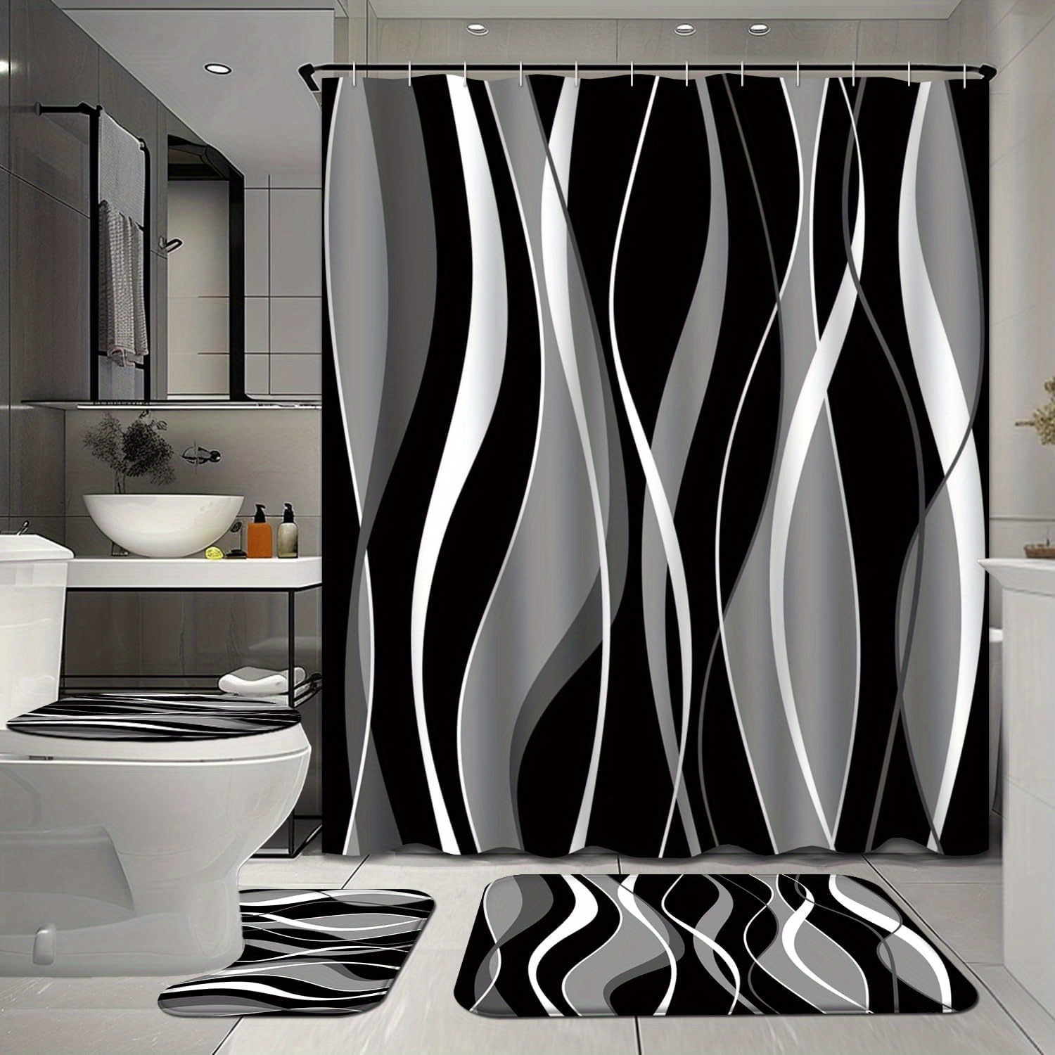 

4 Pcs Abstract Wavy Bathroom Shower Curtain Sets With Rugs, Black And Grey Bathroom Sets With Shower Curtain And Rugs, Geometric Vintage Bathroom Decor Sets With Mats And Towels