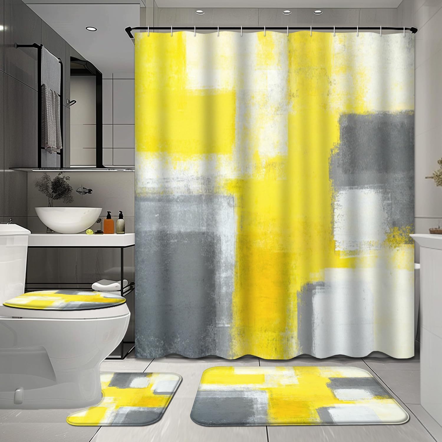 

4 Pcs Grey And Yellow Bathroom Shower Curtain Sets With Rugs, Decorative Bathroom Sets With Shower Curtain And Rugs, Modern Bathroom Decor Sets With Mats And Towels