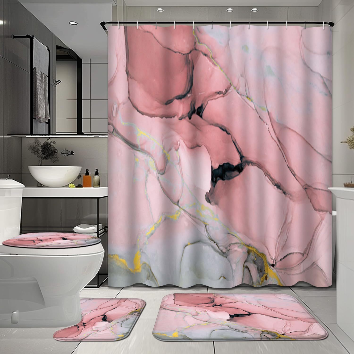 

4 Pcs Marble Bathroom Shower Curtain Sets With Rugs, Pink Grey Bathroom Sets With Shower Curtain And Rugs, Abstract Watercolor Bathroom Decor Sets With Mats And Towels