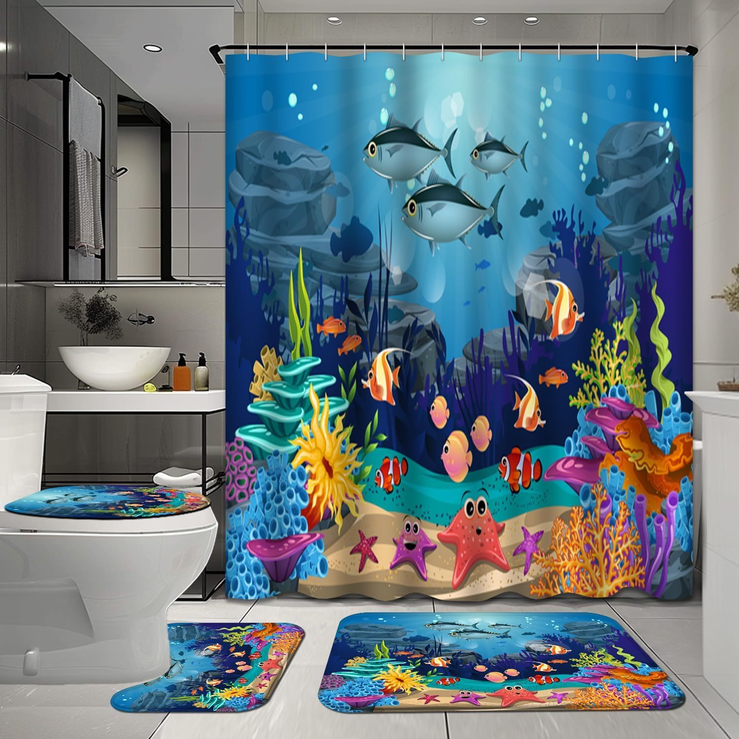 

4 Pcs Underwater Shower Curtain Sets With Rugs For Bathroom Decor, Marine Life Bathroom Shower Curtain Sets, Cartoon Bathroom Sets With Shower Curtain And Rugs