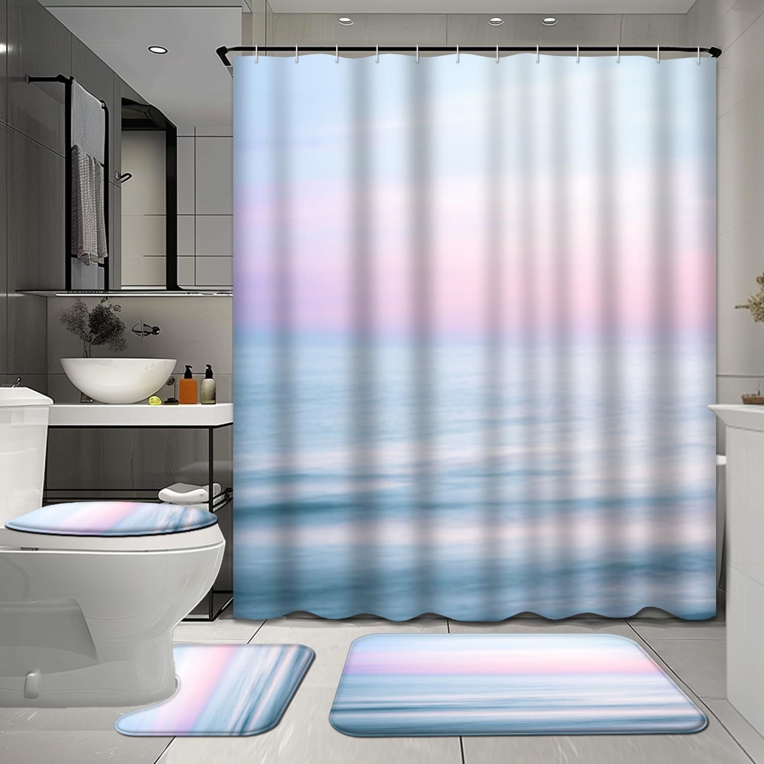 

4 Pcs Abstract Sunset Bathroom Shower Curtain Sets With Rugs, Sky And Ocean Bathroom Sets With Shower Curtain And Rugs, Nature Bathroom Decor Sets With Mats And Towels