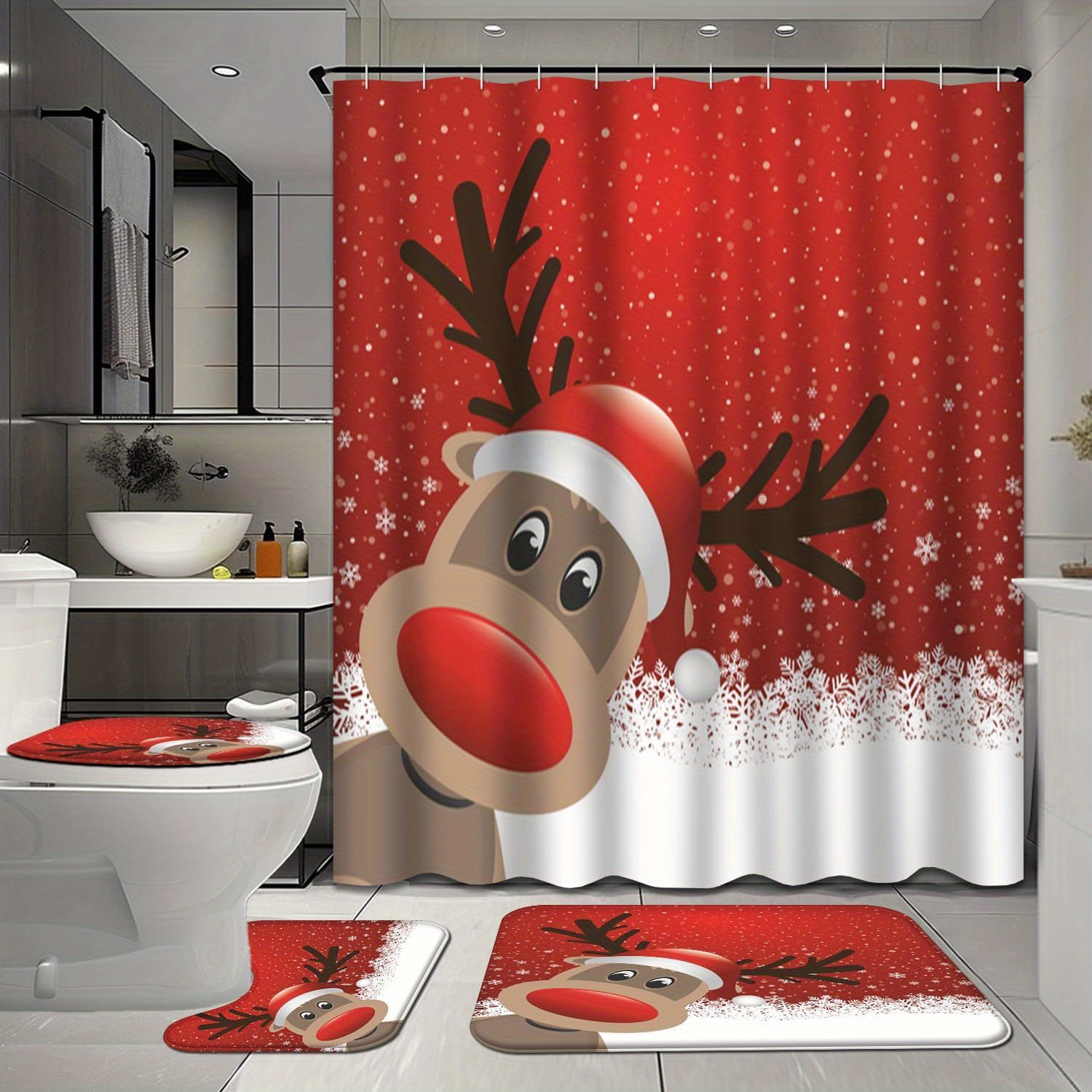 

4 Pcs Reindeer Shower Curtain Sets With Rugs For Bathroom Decor, Red Snowflake Bathroom Shower Curtain Sets, Christmas Bathroom Sets With Shower Curtain And Rugs