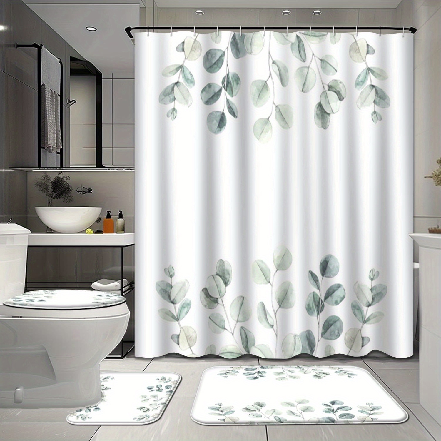 

4pcs Green Leaves Shower Curtain Set With Rugs For Bathroom Decor, Watercolor Botanical Bathroom Shower Curtain Sets, Bathroom Sets With Shower Curtain And Rugs