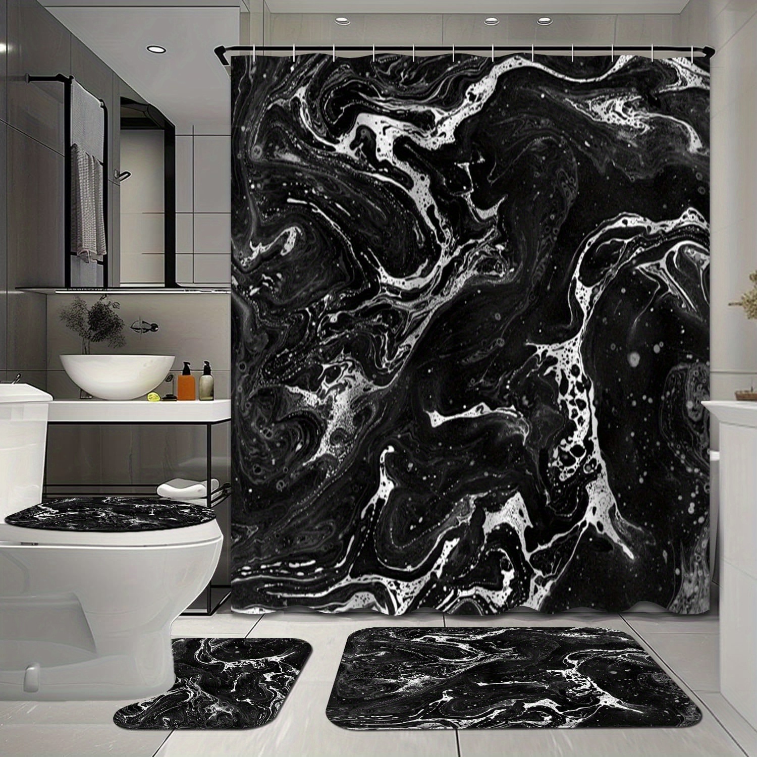 

4pcs Black White Shower Set With Rugs For Bathroom Decor, Marble Decorative Bathroom Shower Sets, Abstract Art Bathroom Sets With Shower And Rugs