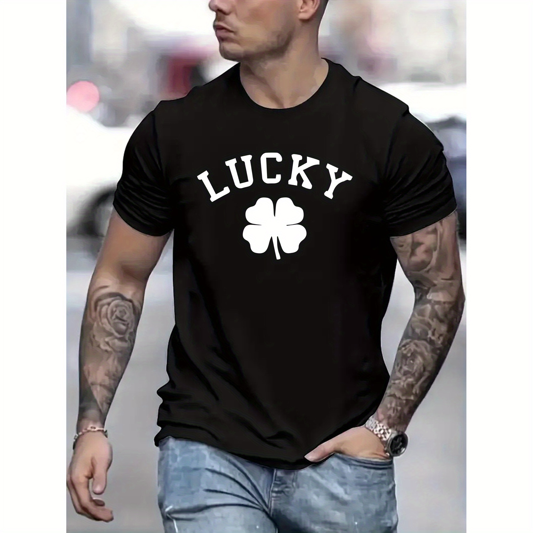 

Lucky Grass Pattern And "lucky" Letter Print Crew Neck And Short Sleeve T-shirt, Casual And Comfy Pure Cotton Tops For Men's Summer Daily Outerwear