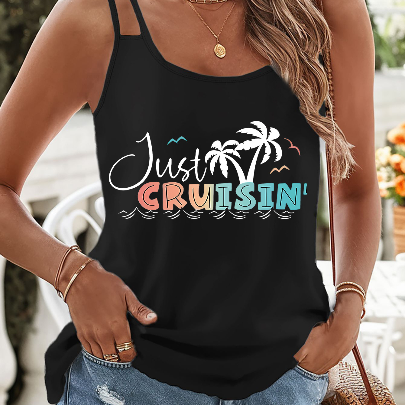 

Just Cruisin Print Double Straps Top, Casual Sleeveless Cami Top For Summer, Women's Clothing