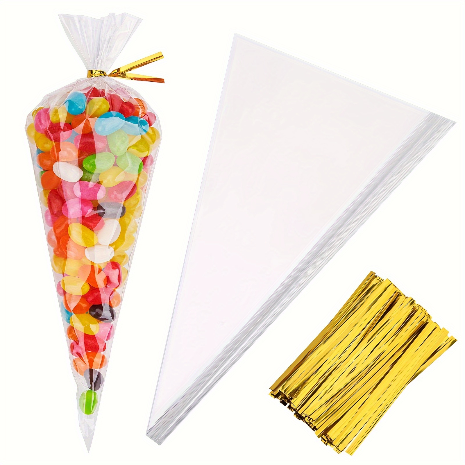 100pcs Clear Cone Cellophane Bags with Golden Twist Ties - Transparent Party Favor Bags, Heavy-Duty, for Candy, Popcorn, Gift Wrapping, Birthday, Wedding,   - Reusable & Recyclable Snack Bags for Small Business, Home,  , Event Treat Bags, Festive Packaging, Durable Plastic