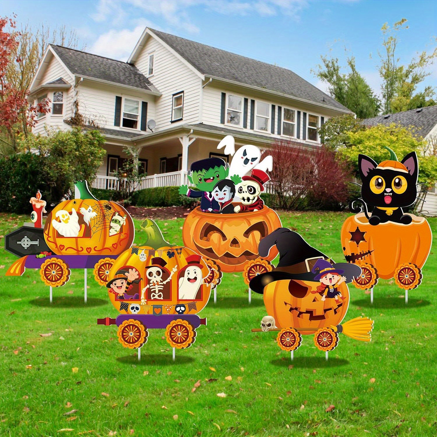 

5pcs Spooky Halloween Yard Sign Set - Vibrant Pumpkin & , Easy Stake Installation For Outdoor Lawn & Garden Decor, Weather-resistant & Reusable