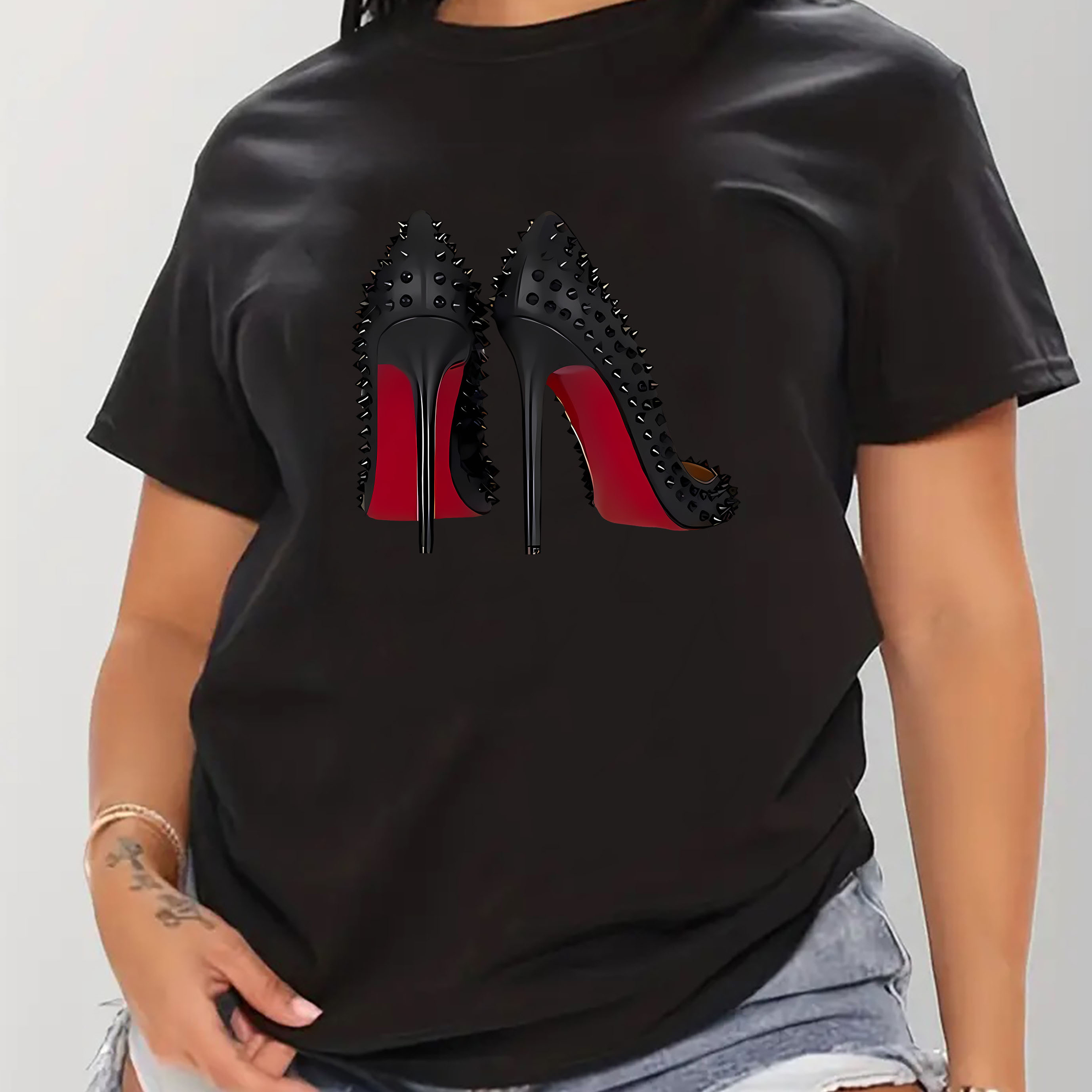 

Women's Fashion Printed Short Sleeve T-shirt, Casual Round Neck Tee, Comfortable Lightweight Summer Top, With Stiletto Heel Graphic, Holiday Casual Wear