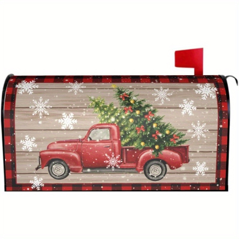 

Magnetic Christmas Mailbox Cover - Standard Size 18x21, Festive With Xmas Car, Tree & Snowflakes In Red Plaid - Durable Outdoor Holiday Decor For Home, Patio & Garden