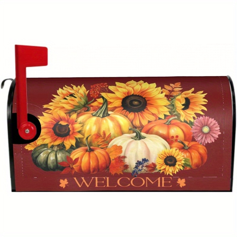 

Autumn Harvest Magnetic Mailbox Cover - Thanksgiving Themed Outdoor Standard Size Decoration With Sunflowers And Pumpkins Design, Welcome Text - Durable All-weather Mailbox Wrap (1pc)