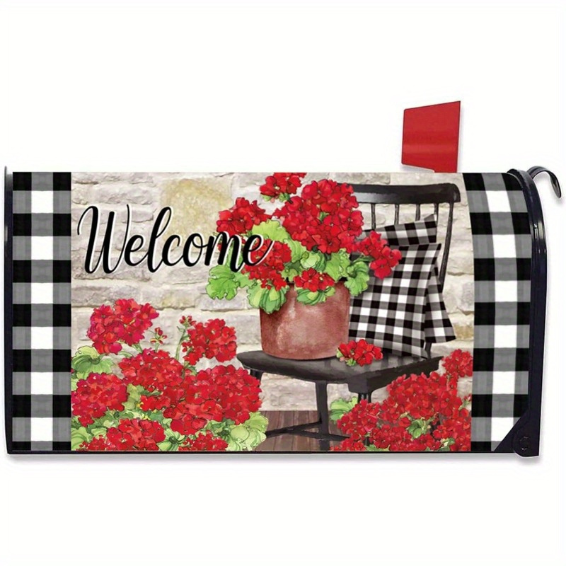 

Spring Welcome Magnetic Mailbox Cover: Red Geraniums & Buffalo Plaid, 21x18in, Outdoor Decoration