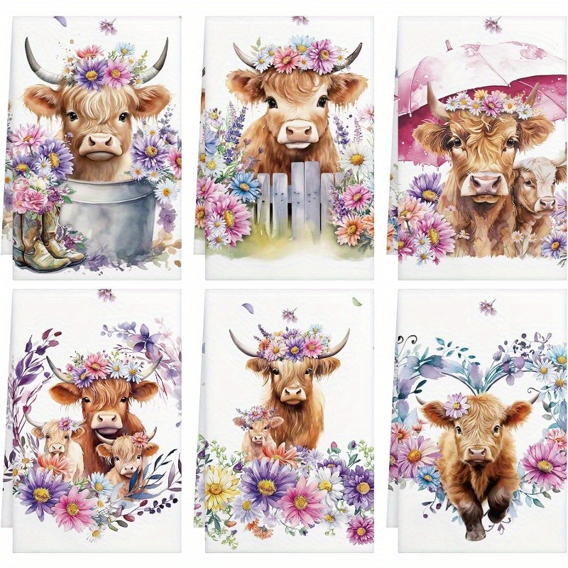 

6-pack Highland Cattle & Sunflower Kitchen Towels - Ultra Soft, Absorbent Polyester Blend Hand Towels For Drying Dishes & Bathroom Decor, 18x26 Inch Dish Towels Dish Towels For Kitchen