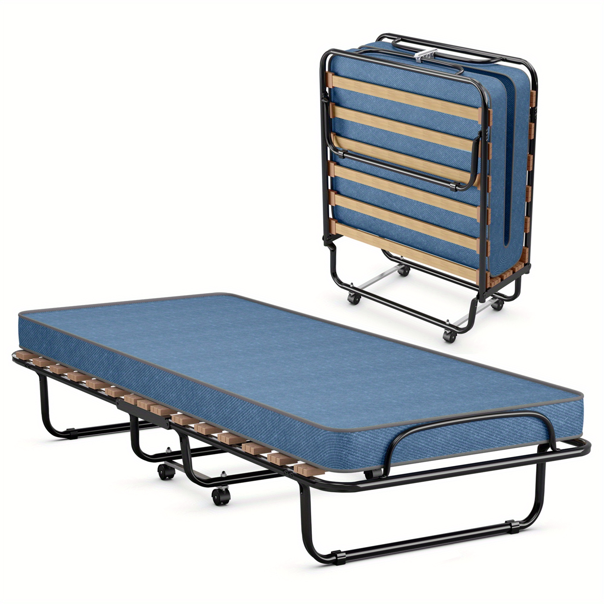 

Gymax Folding Bed Rollaway Metal Guest Bed Sleeper W/ Memory Foam Mattress Navy