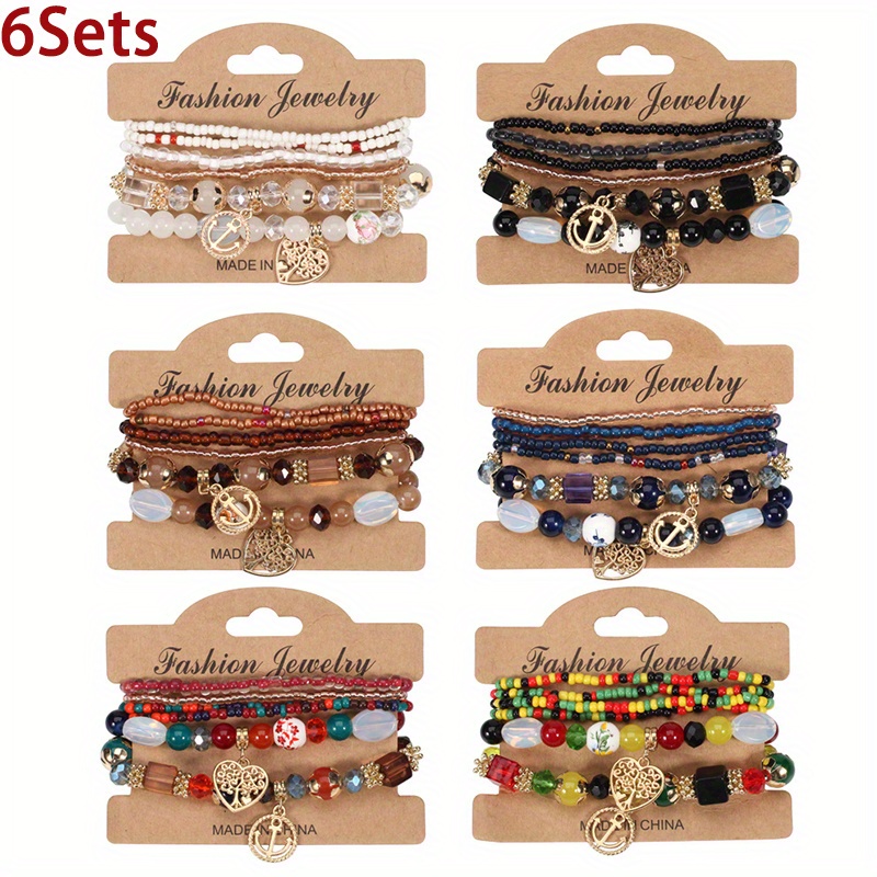 TEMU 6sets New Arrival Bohemian Stackable Bead Bracelets For Women, Adjustable Life Tree Stretch Bracelets, Boho Tassel Bracelet Set Bead Strand Bangle Charm Bracelets