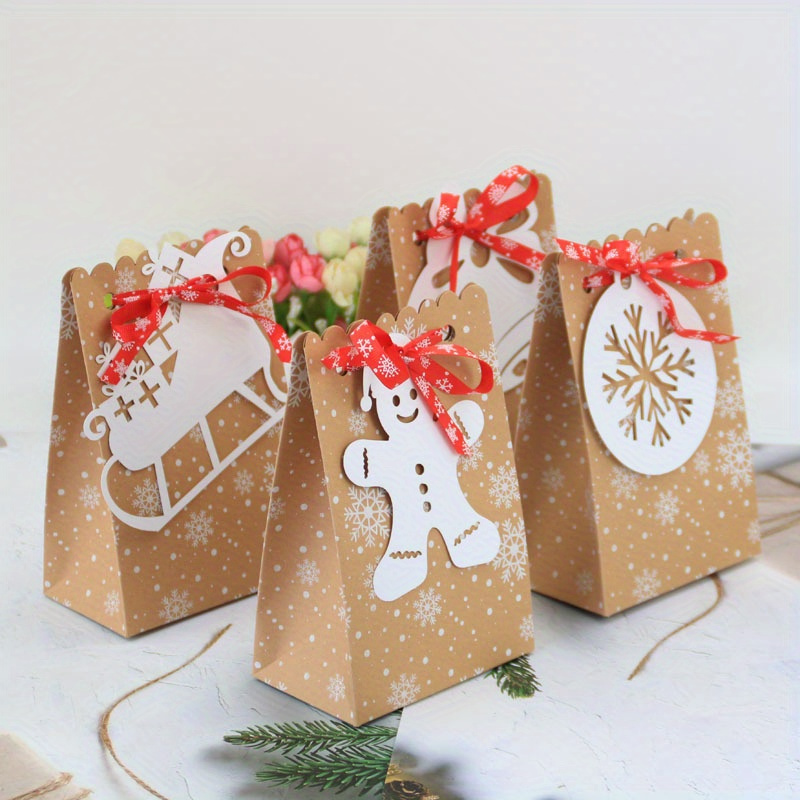 

12-pack Christmas Kraft Paper Gift Bags With Ribbons And Tags - Reusable Rectangular Bags, Festive Snowflake & Gingerbread Man Designs - European Style Party Favors