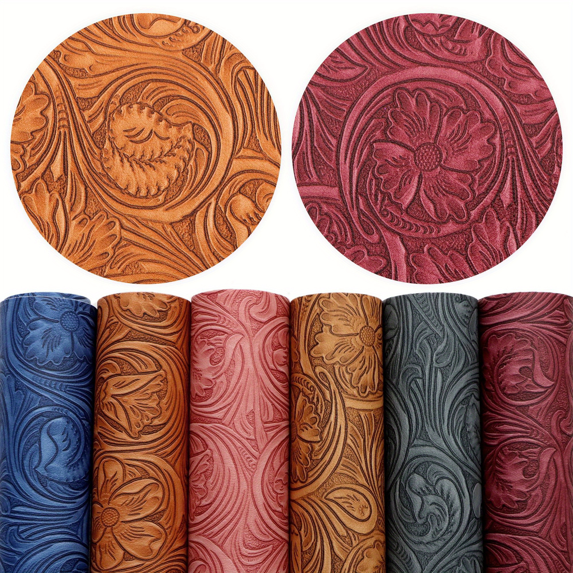 Image of 6pcs/set 7.87x12.99inch Retro Flowers Embossed Faux Leather Sheets Bump Textured Synthetic Leather Fabric For Diy Earrings Hair Bows Pouches Phone Case Book Cover Crafts Supply