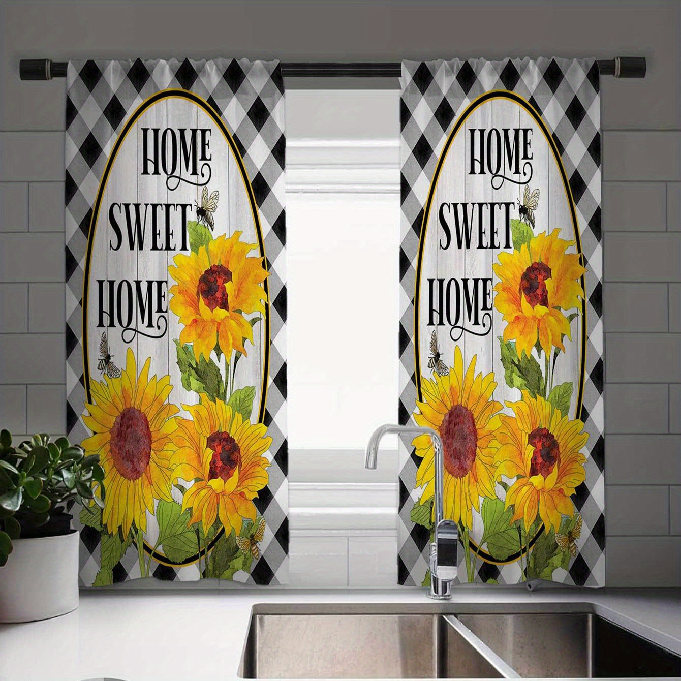 

Sunflower & Curtain Set - 1pc Rod Pocket Window Treatment With 2pcs Cafe Curtains, Vintage For Kitchen, Farmhouse, Living Room & Bedroom - , Machine Washable