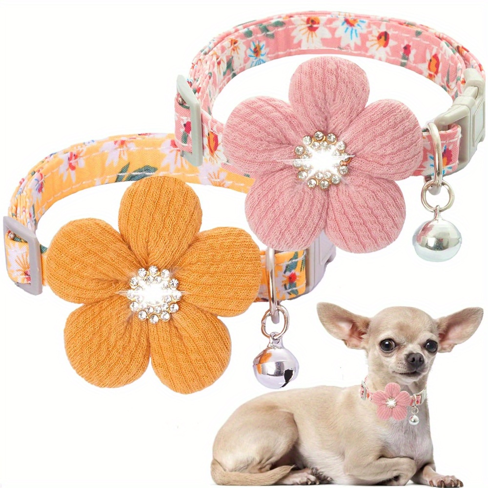 

Floral Dog Collar With 3d Flower Charm And Removable Bell - Polyester Fiber Soft Adjustable Puppy Collars For Small Dogs - Cute Pet Accessories With Flower Pattern