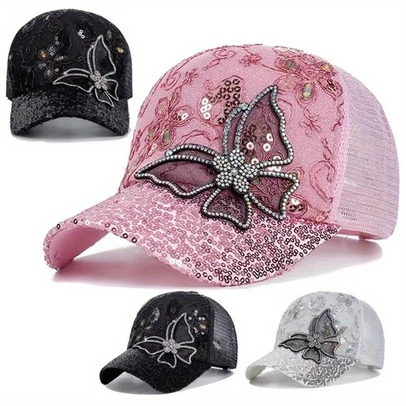 

1pc Women's Glitter Sequin Baseball Cap, Adjustable Breathable Mesh Back, Sparkling Sun Visor Hat For Outdoor