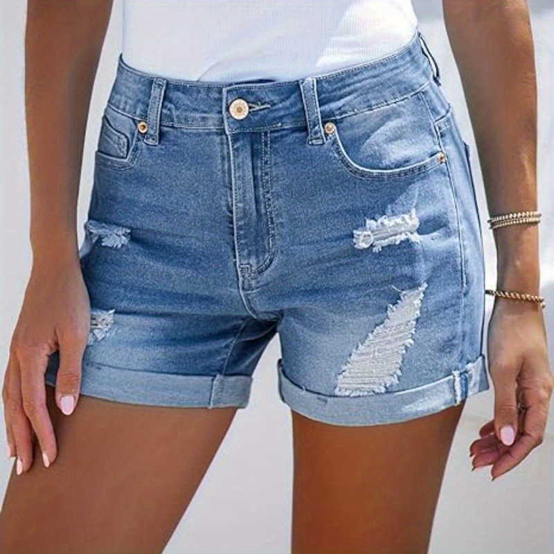 

Women's Casual High- Shorts, Rolled Hem Ripped Jeans, Distressed Summer Fashion, Breathable Blue Jean Shorts