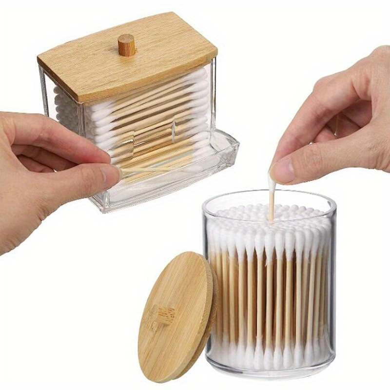 set of 3 contemporary plastic swab dispensers with wooden lids clear glass storage containers for cotton swabs pads and balls bathroom vanity organizers with   display 8 10oz details 1