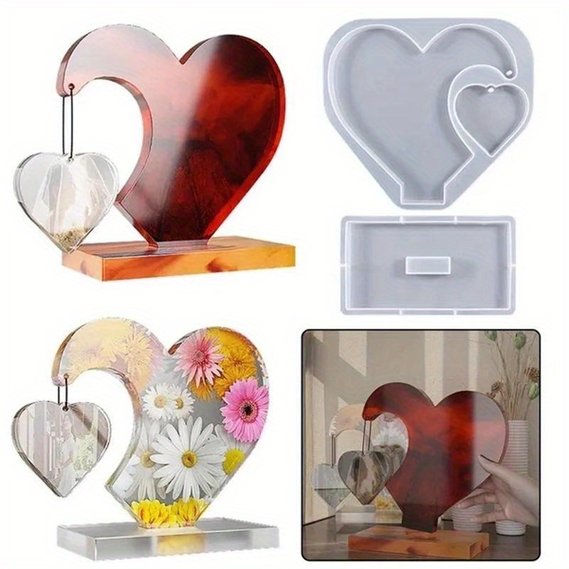 

1set Diy Dual Love Hearts With Base Casting Silicone Mold Crystal Epoxy Resin Craft Mould Handmade Photo Frame Home Desktop Decoration Ornament Making Tools