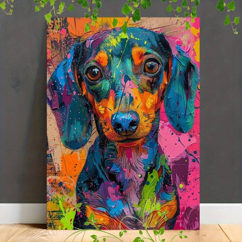 

1pc Wooden Framed Canvas Painting, Artwork Very Suitable For Office Corridor Home Living Room Decoration Suspensibility Colorful Dachshund, Abstract Style, Vibrant Paint Splashes, Textured Background