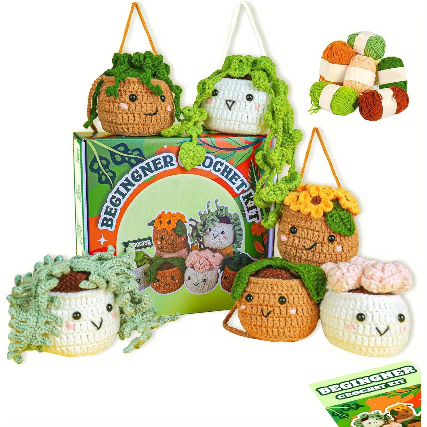 

Crochet Kit | Crochet Kit For Beginners | Beginner Crochet Kit With Video Lessons | 6pcs Cute Potted Plants Crochet Kit With Complete Crochet Accessories| Whitebrown