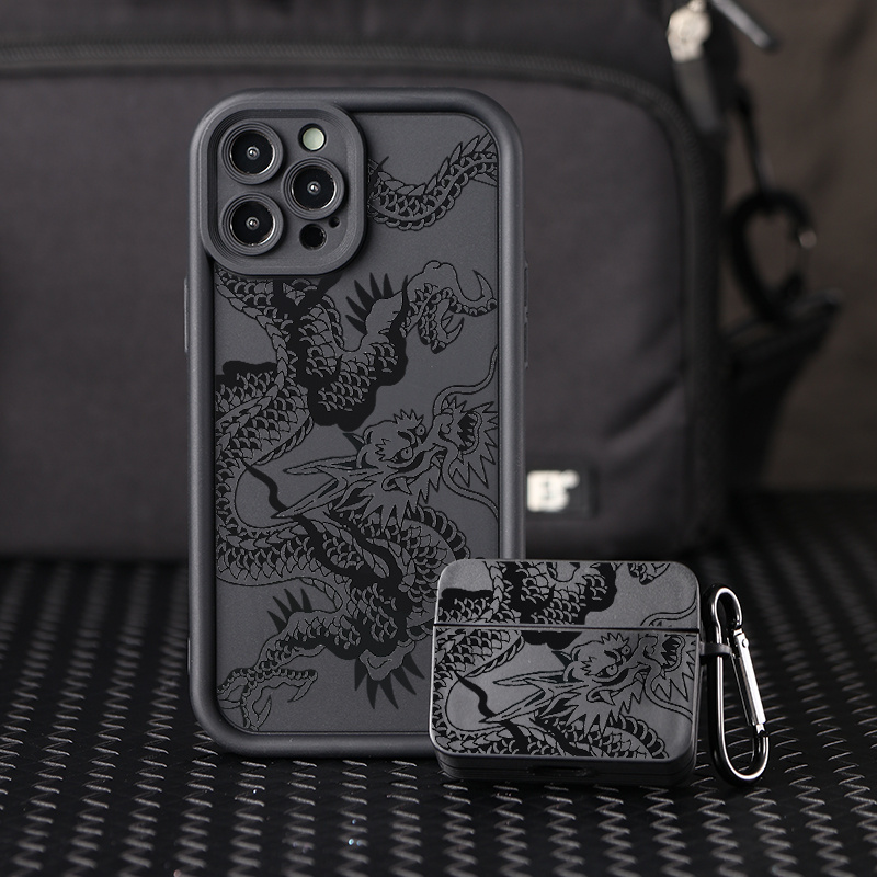 

Dragon Pattern Silicone Case Set - 2-pack Shockproof Protective Covers For Iphone (compatible With 11/12/13/14/15 Series & Se 2020) And Airpods Pro/1/2 - Luxury Graphic Design Earphone Case Included