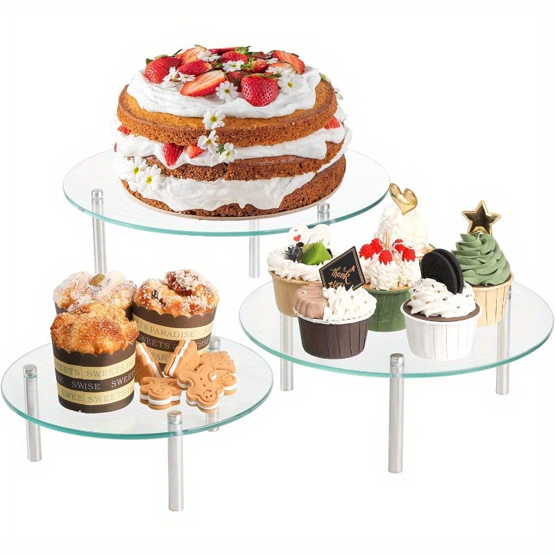 

3 Pcs Tempered Cupcake Stands, 9, 11, 12.6 Inch Round Food Display Stand Clear Retail Risers For Cakes, Desserts, Pastries, Appetizers