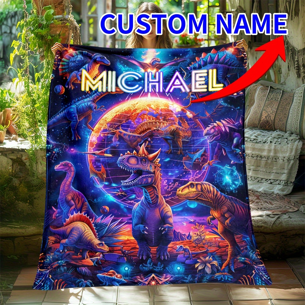 

Custom Dinosaur World Soft & Warm Flannel Throw Blanket - Personalized Name, Lightweight For Sofa, Bedroom, Office Chair - Ideal For Travel, Camping - Unique Gift For Family