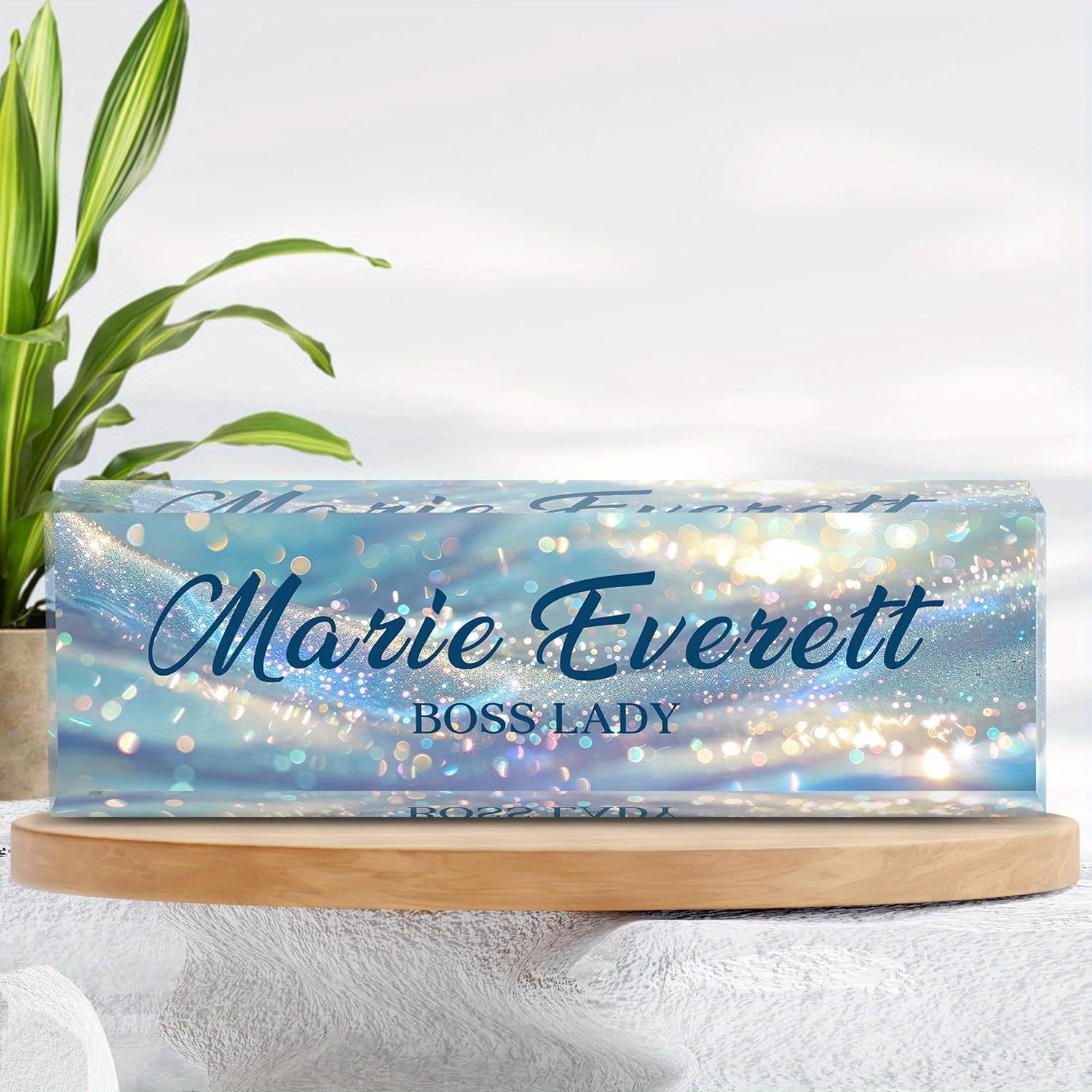 

Personalized Acrylic Desk Name Plate, Tabletop Custom Plaque With Design, Multifunctional Office Decor Gift For Women, Boss, Employee, Teacher - English Text Engraving