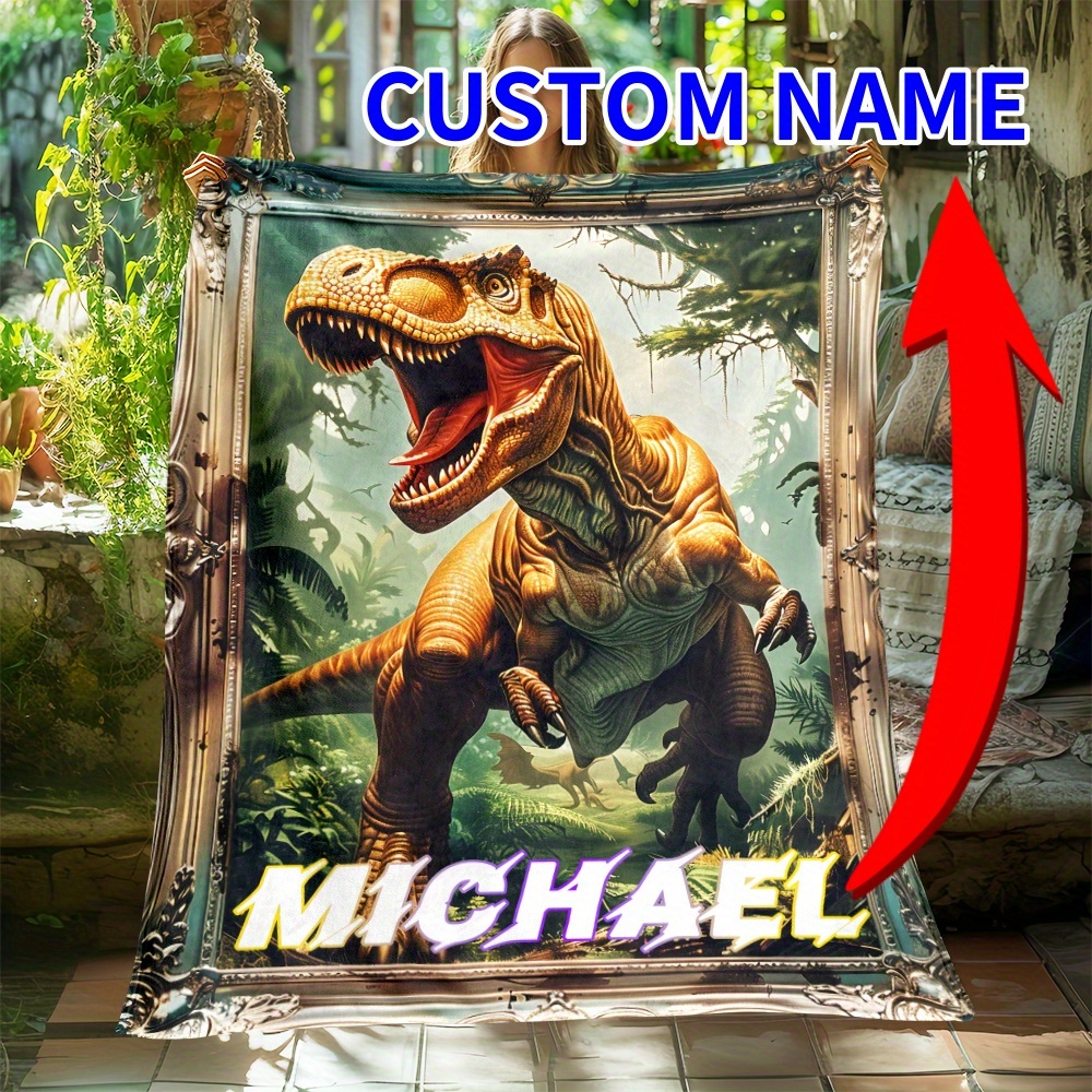 

Custom Name - Dinosaur Printed Blanket - Lightweight Flannel Throw For Home, Camping, Picnic, Travel - All - Machine Washable