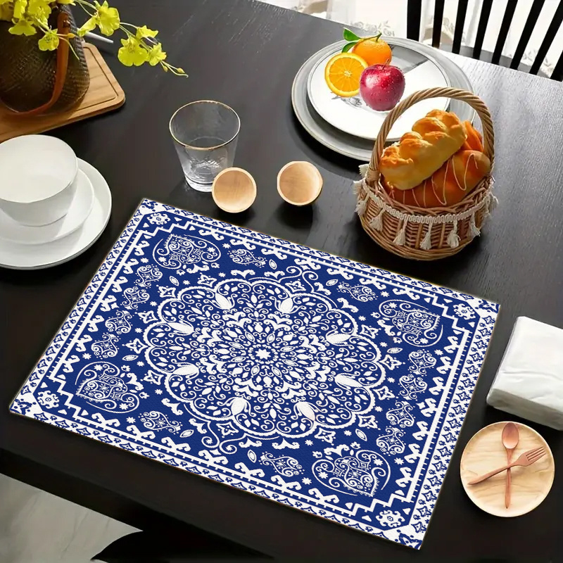 

4pcs Set Blue Floral Linen Placemats - Non-slip, Heat-resistant & Easy To Clean - Perfect For Home Kitchen Dining & Party Decor